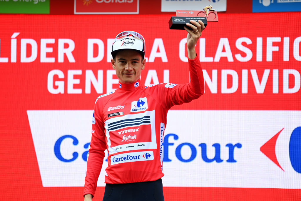 ALBACETE SPAIN AUGUST 18 Kenny Elissonde of France and Team Trek Segafredo celebrates winning the Red Leader Jersey on the podium ceremony after the 76th Tour of Spain 2021 Stage 5 a 1844km stage from Tarancn to Albacete lavuelta LaVuelta21 on August 18 2021 in Albacete Spain Photo by Stuart FranklinGetty Images