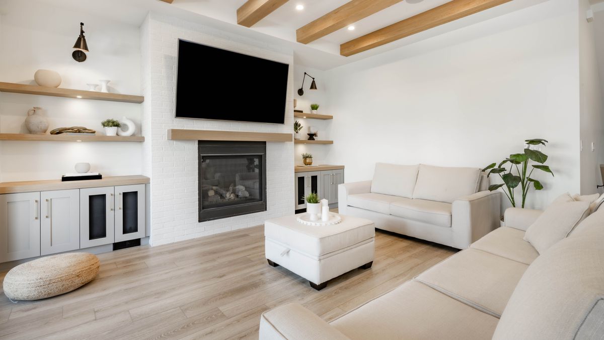 Modern white living room with wooden features