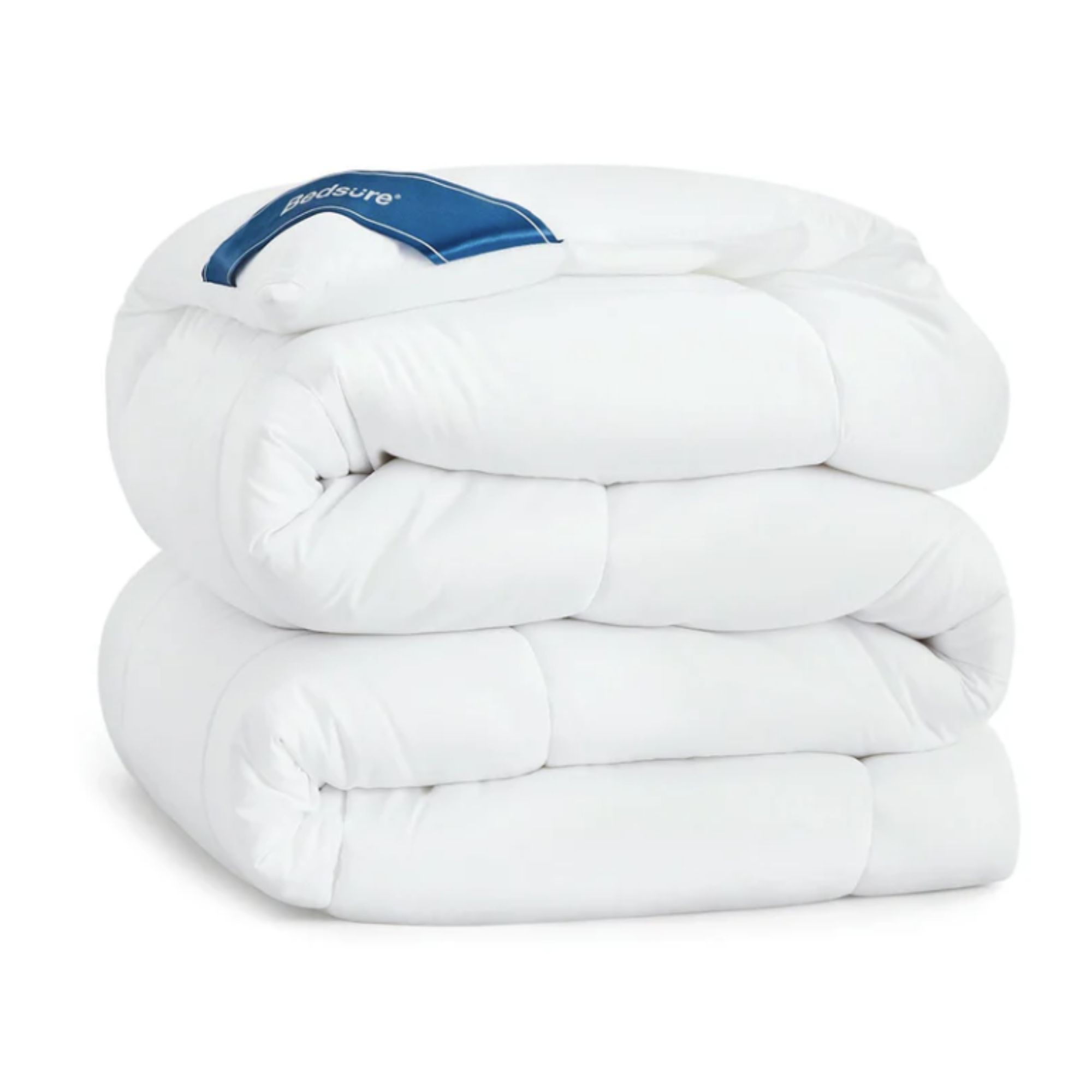 White comforter with blue Bedsure corner logo