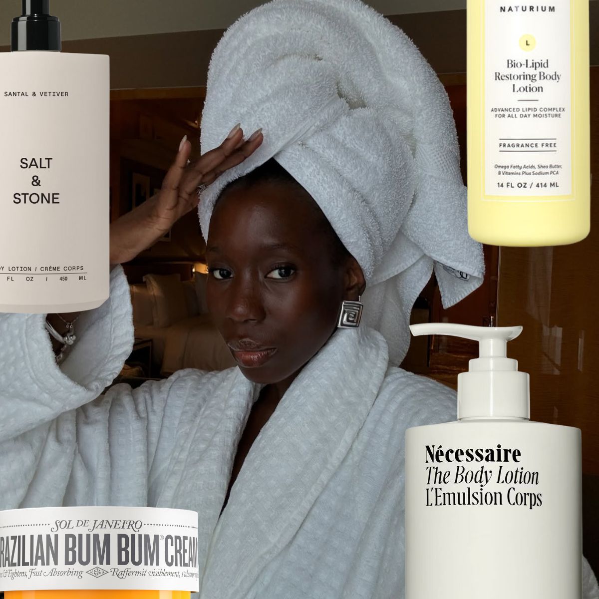 A collage with a photo of @daniellejinadu and body lotions layered over the top
