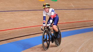 Laura Kenny of Team Great Britain celebrates winning a gold medal during the Women's Madison final of the track cycling on day fourteen of the Tokyo 2020 Olympic Games