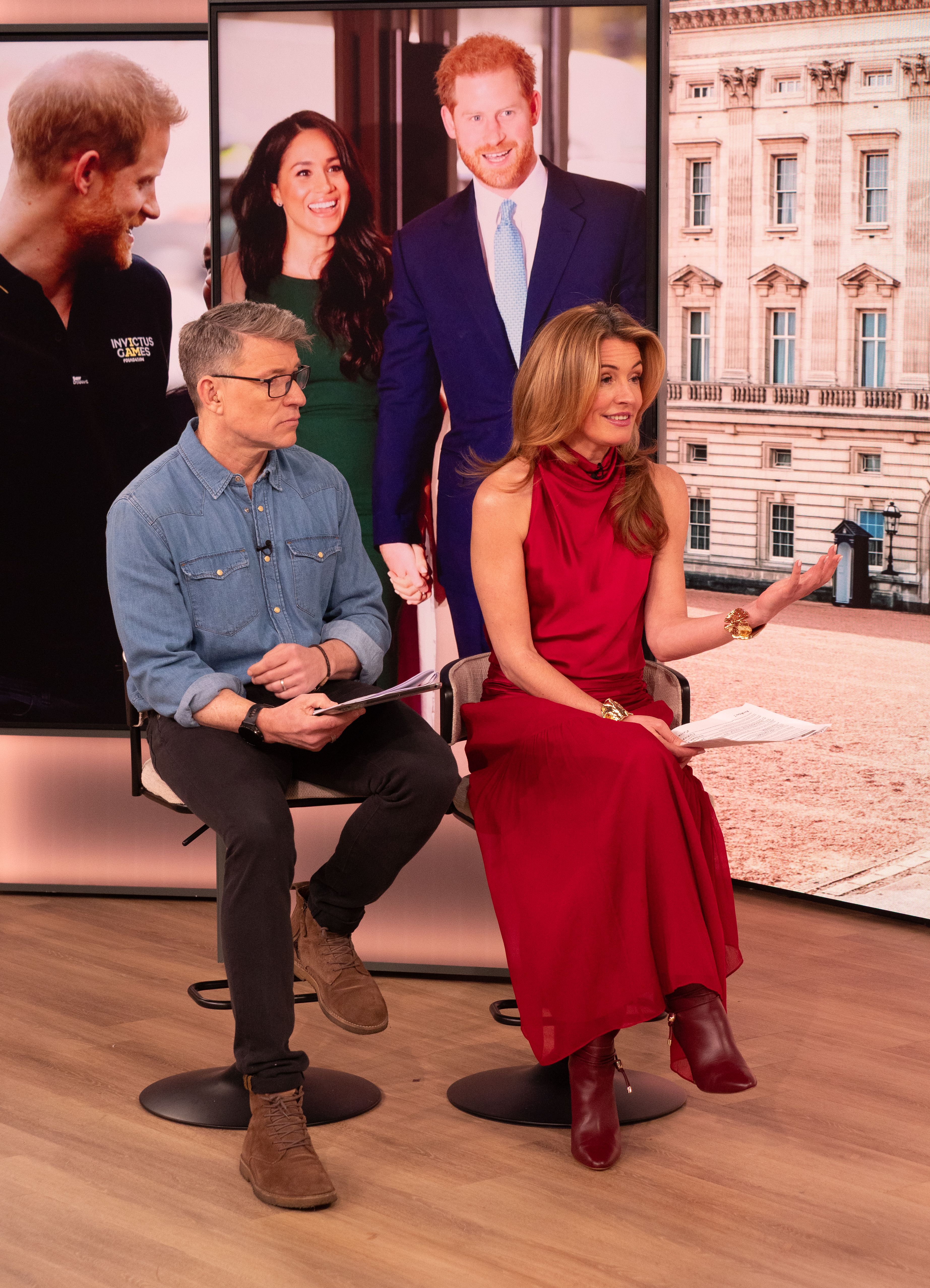 Ben Shepard and Cat Deeley on ITV This Morning, Cat is in a red top and skirt with burgundy hued boots