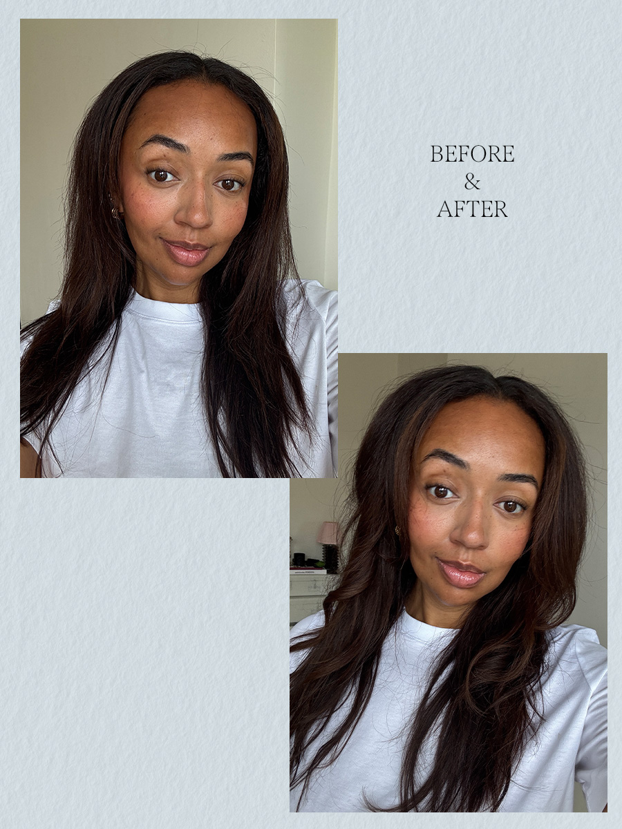 Rhea's hair before and after using the GHD Rise Hot Brush