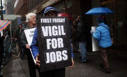 Protesters gather in New York City Friday demanding more jobs.