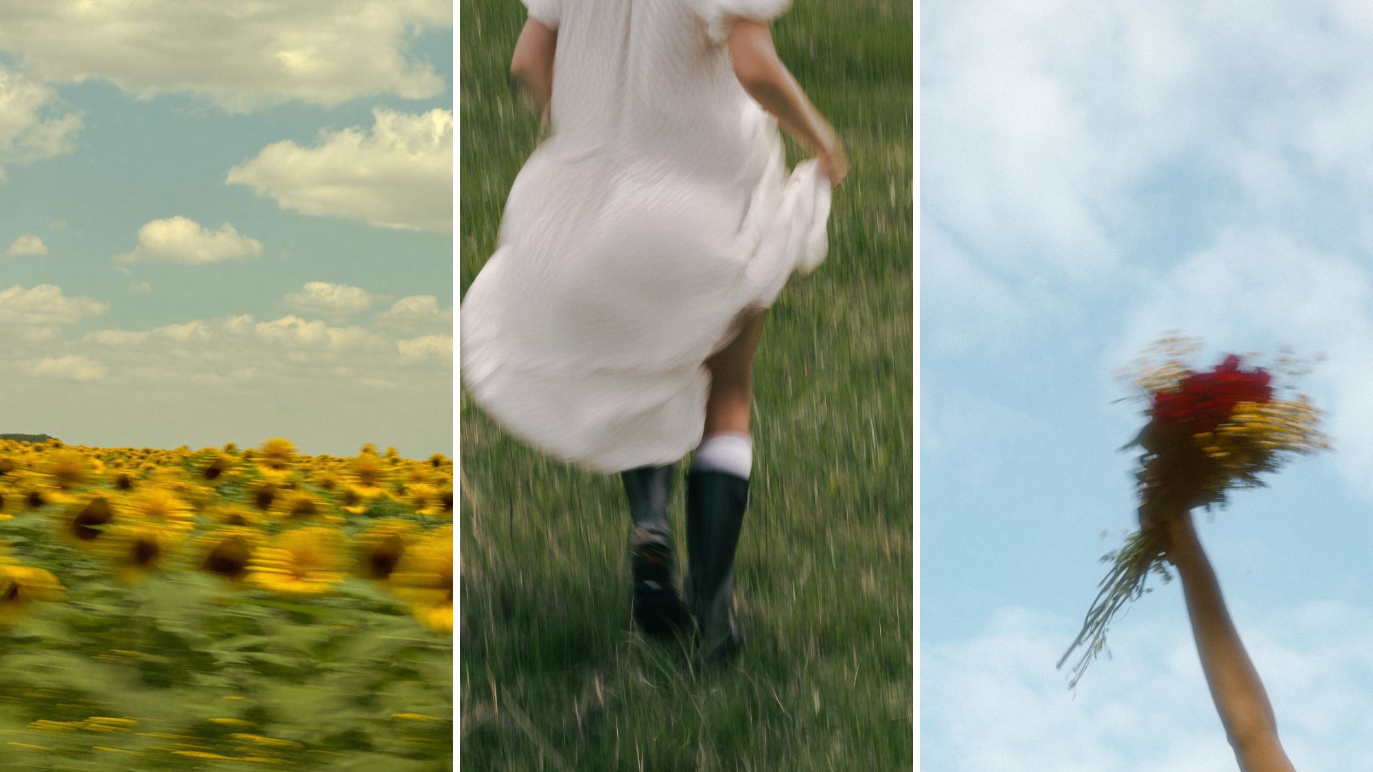 A woman on the beach, in a field, and holding flowers