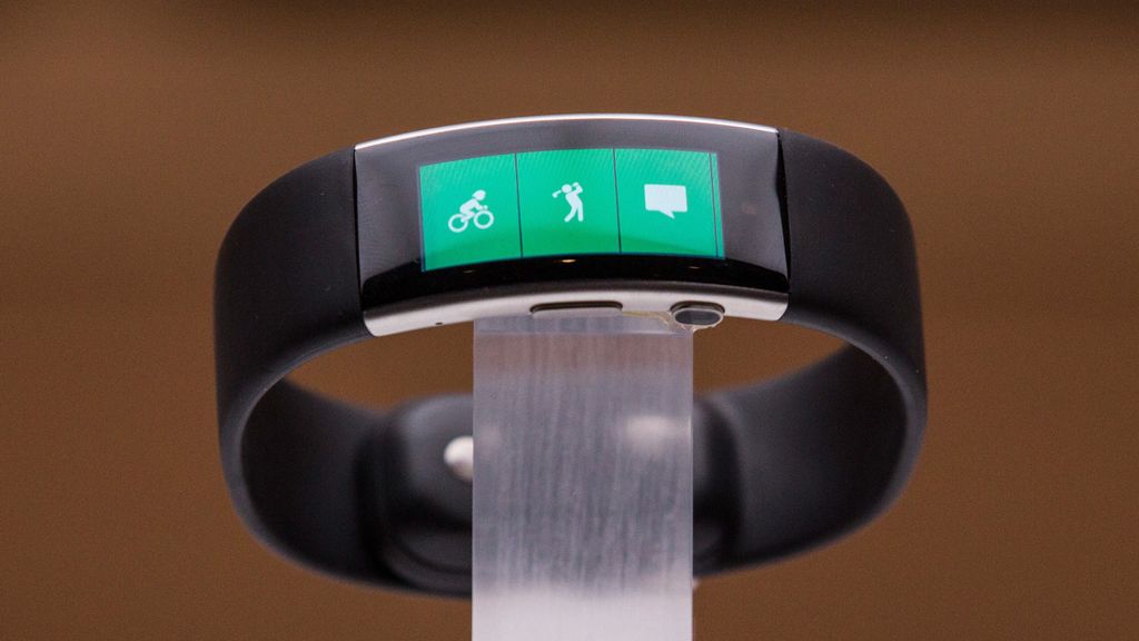 A new biometrics wrist band titled the Microsoft Band 2 sit on display at a media event for new Microsoft products on October 6, 2015 in New York City.