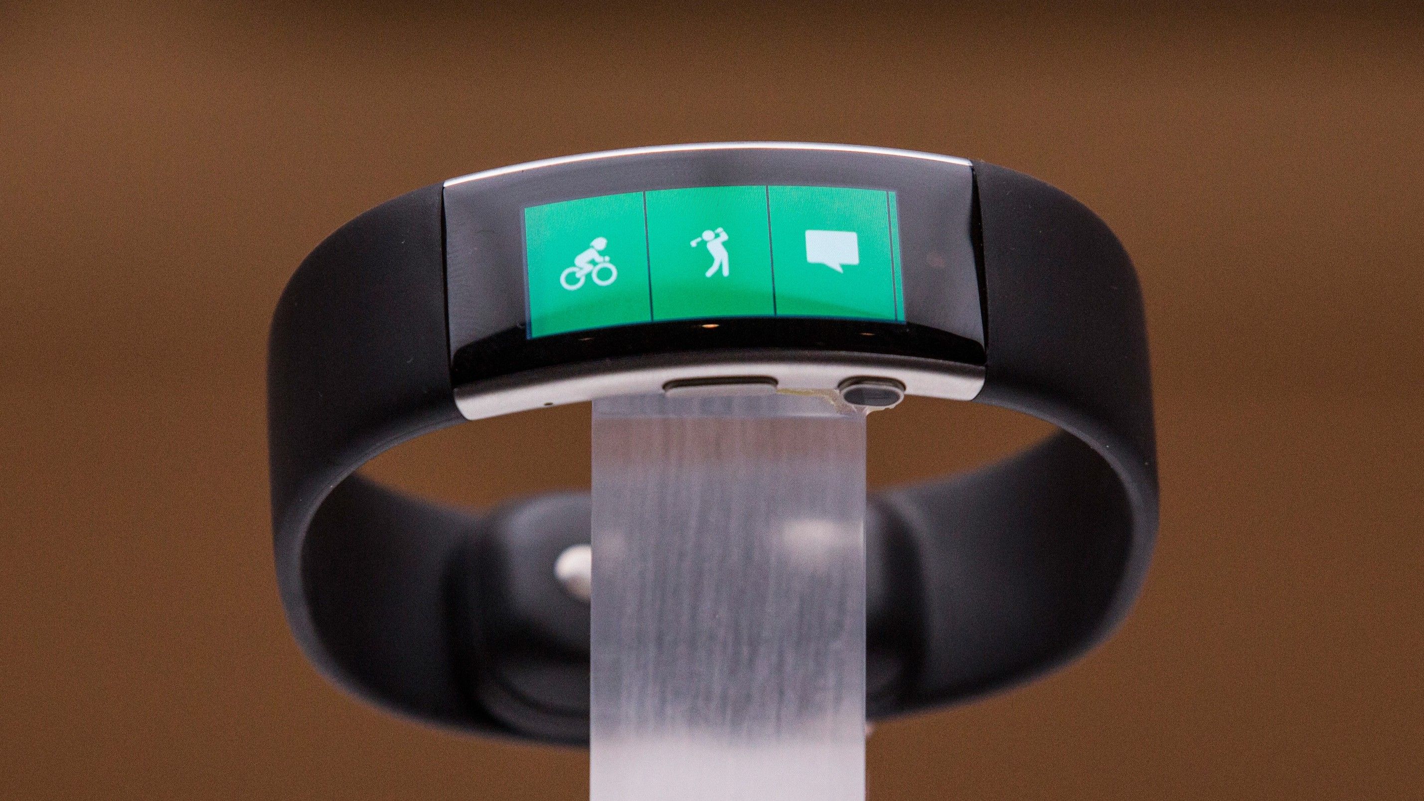 A new biometrics wrist band titled the Microsoft Band 2 sit on display at a media event for new Microsoft products on October 6, 2015 in New York City.