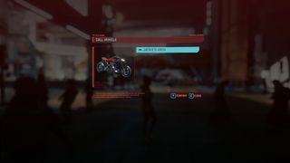 The call vehicle window in Cyberpunk 2077, with Jackie's Bike highlighted.