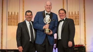 At the 2024 Broadcasters Foundation of America fundraising gala at The Plaza in New York (l. to r.): Scott Herman, chairman, BFOA; Hearst EVP and COO Jordan Wertlieb, the 2024 Golden Mic Award winner; and Tim McCarthy, president, BFOA. 