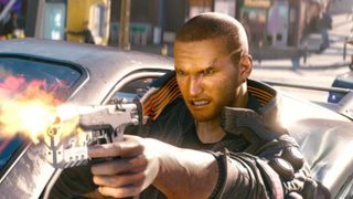 En karakter skyter ut av et bilvindu i «Cyberpunk 2077»