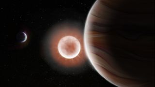 a large wavy-striped planet hangs in space. a star can be seen burning in the disance next to the crescent of another planet.