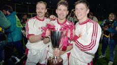 Mike Phelan, Bryan Robson and Lee Sharpe with the Cup Winners Cup in 1991