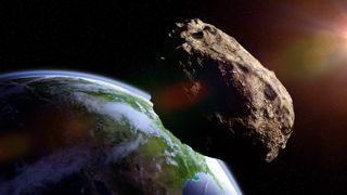 An illustration of an asteroid near Earth.