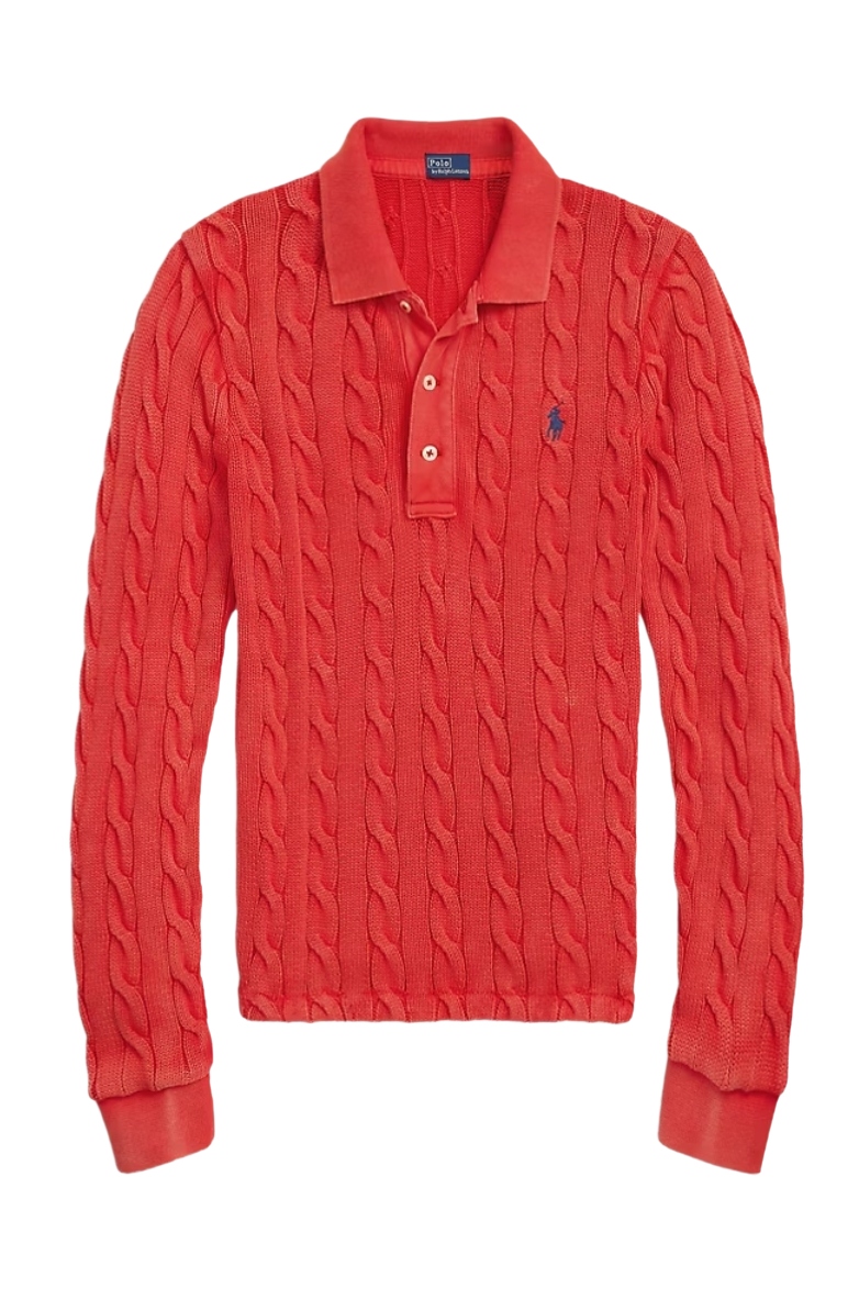 Cable Knit Cotton Long Sleeve Polo Shirt