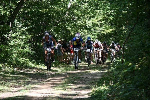 Kim Eppen (Mercy-Specialized) leads the elite women up the initial climb.