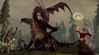 Dragon Age Origins battle scene showing mage, archer and warrior fighting a large dragon