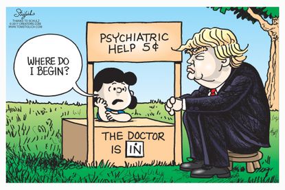 Political Cartoon U.S. President Trump Lucy Peanuts psychiatric help