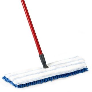 White flat mop with red handle blue soft bristles