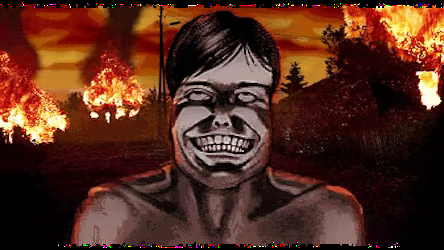 An incredibly eerie, shirtless man grins at the camera, surrounded by fire.