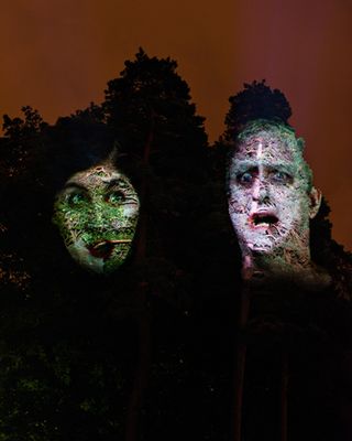 A vibrant projection of scared faces on the tree photographed upclose at night
