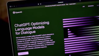 Laptop screen showing openai.com with text on optimizing language models for dialogue