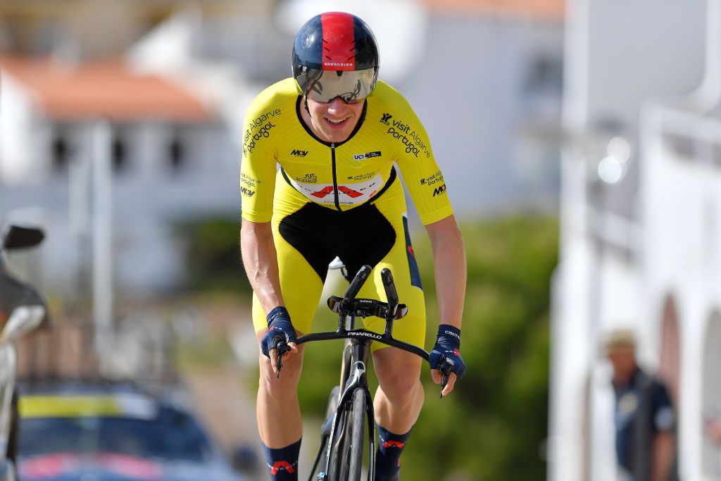 LAGOA PORTUGAL MAY 08 Ethan Hayter of United Kingdom and Team INEOS Grenadiers yellow leader jersey during the 47th Volta Ao Algarve 2021 Stage 4 a 203km Individual Time Trial stage from Lagoa to Lagoa ITT VoltAlgarve VAlgarve2021 on May 08 2021 in Lagoa Portugal Photo by Luc ClaessenGetty Images