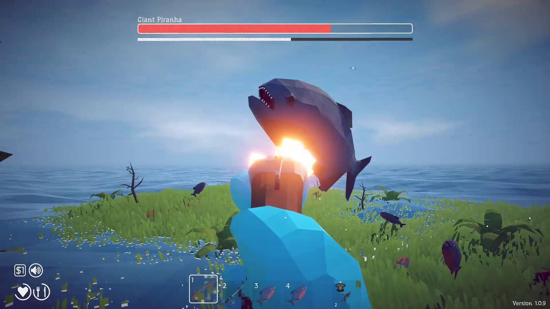 How to Fish Giant Piranha boss fight player firing shotgun at it