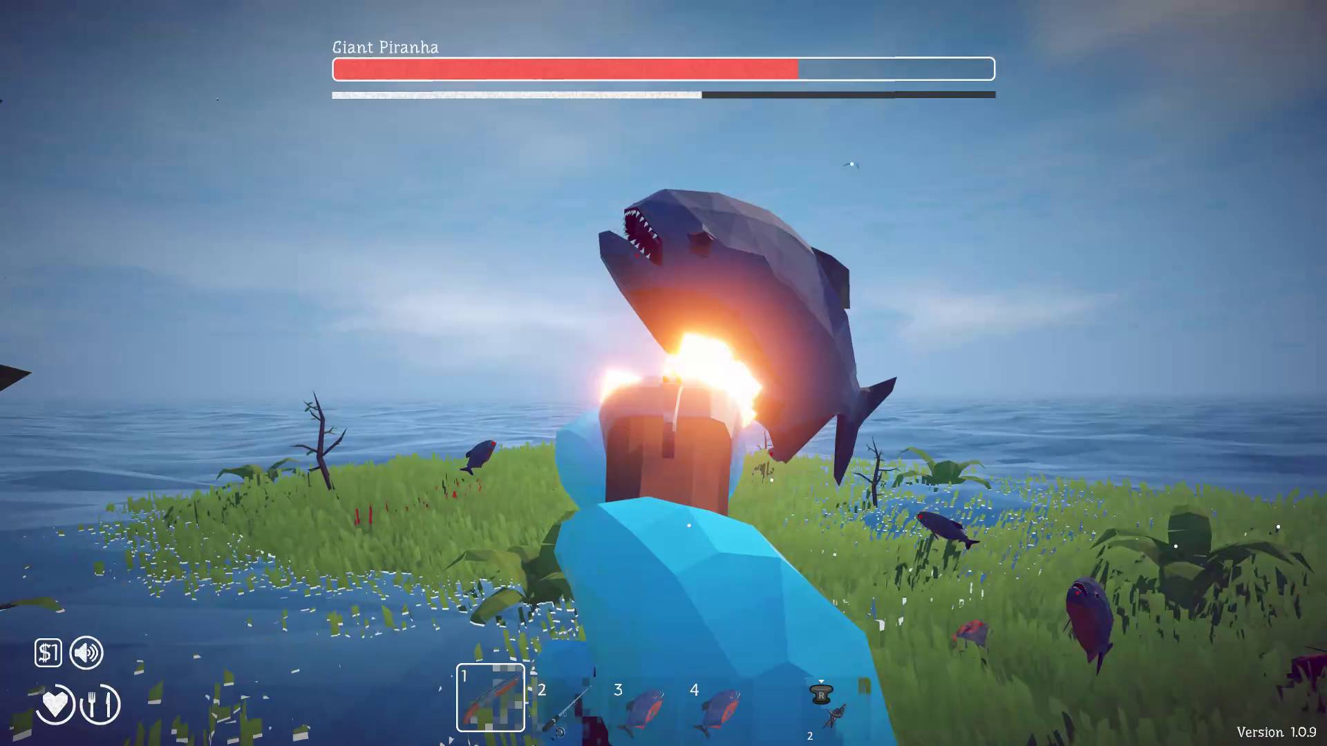 How to Fish Giant Piranha boss fight player firing shotgun at it