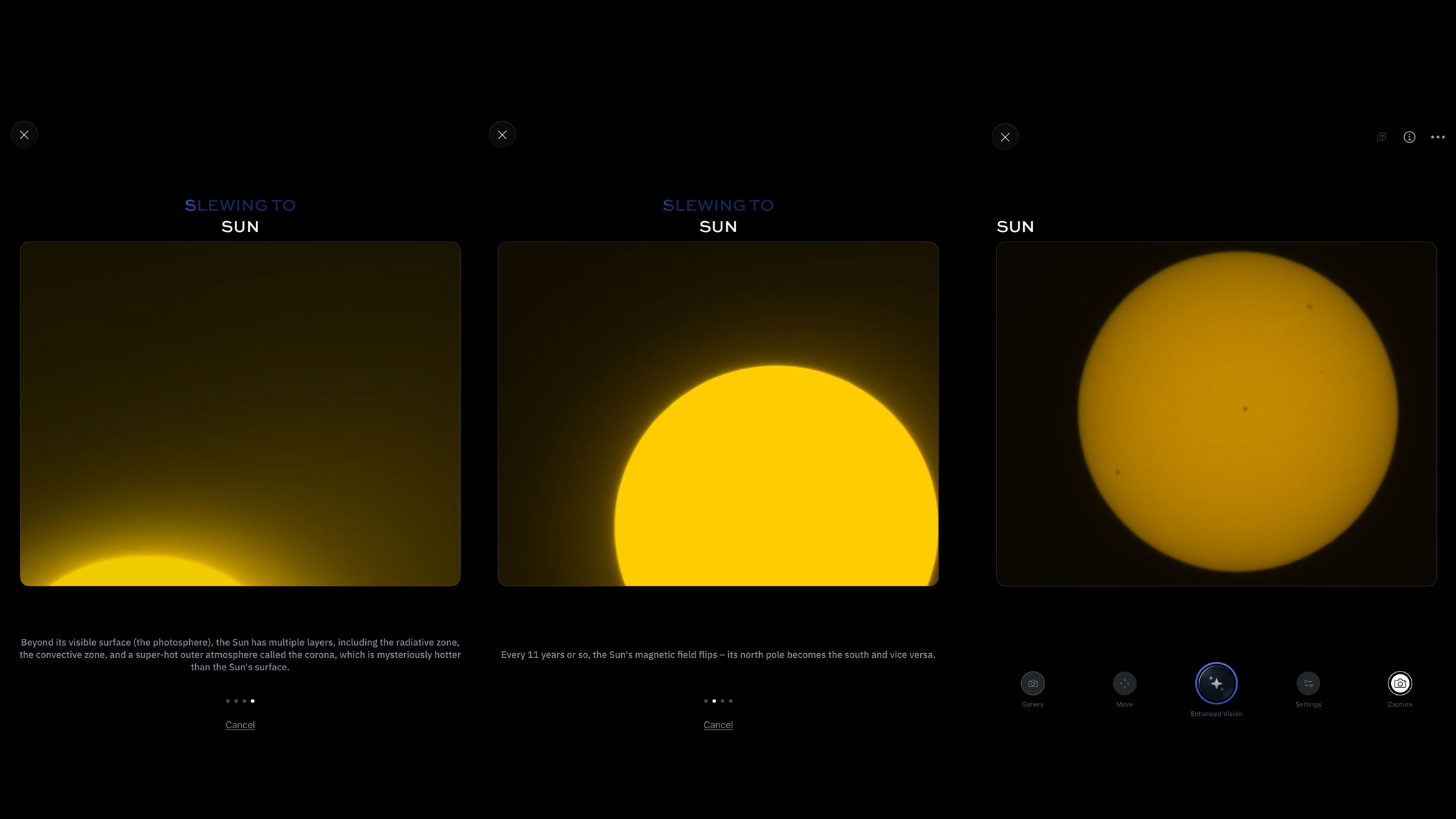 Screenshots of the Unistellar app showing the solar disk.