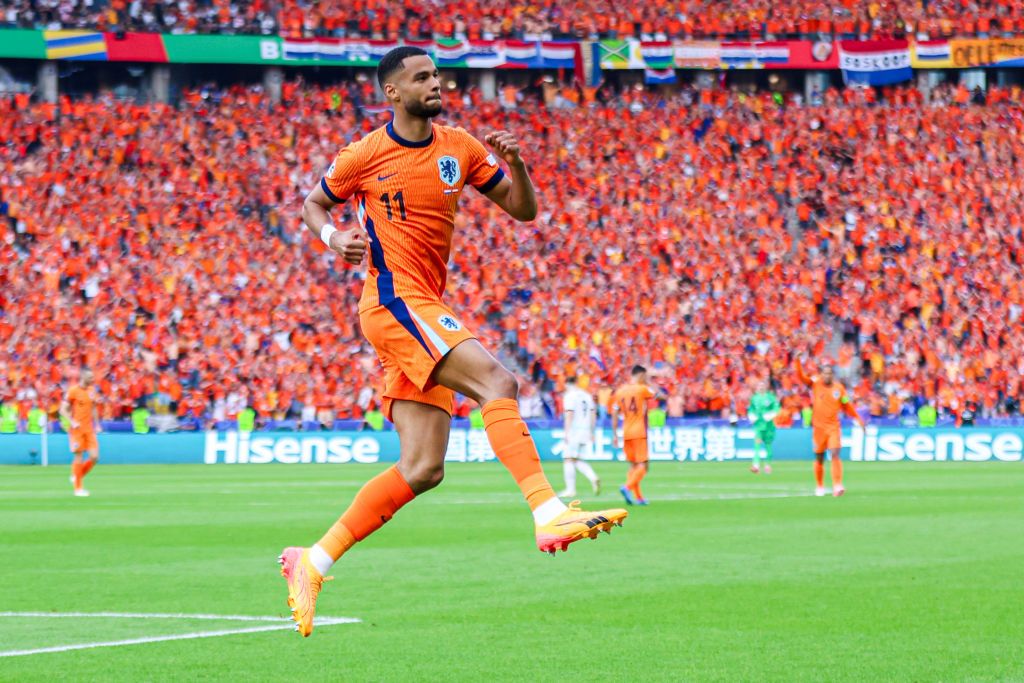 The Netherlands&#039; Cody Gakpo celebrates after scoring against Austria in the group stage