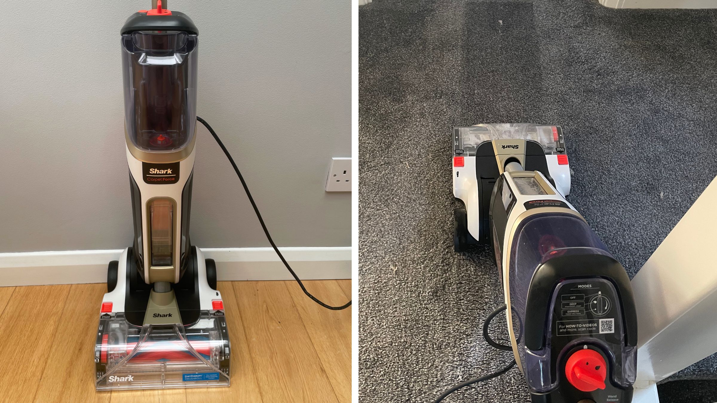 Close up of the Shark CarpetForce Upright Carpet Cleaner front-view on the left, and the carpet cleaner in action on grey carpets on the right