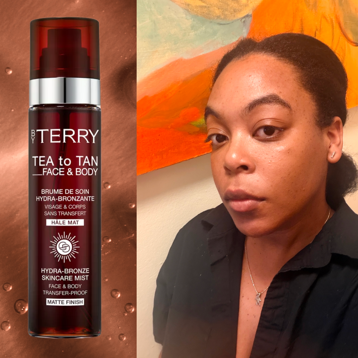 A woman in a black top with her hair pulled back looking at the camera to show her bronzed skin. She is next to a bottle of bronzing water called Tea to Tan from By Terry. 