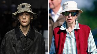 Composite of a Fendi hat at Milan Fashion Week 2024 and Princess Anne wearing a similar hat in 2023