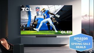 TCL Q6 on stand in living room with deals tag