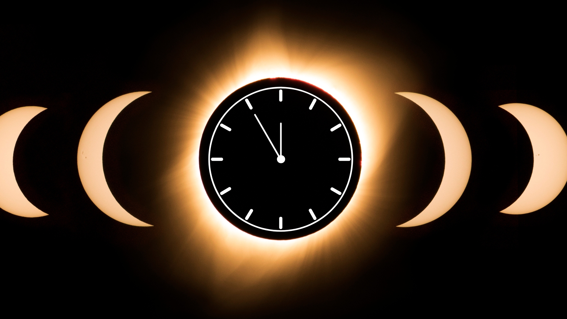total solar eclipse phases with a clock graphic covering the center image of totality to convey the what time is the solar eclipse theme of the article.