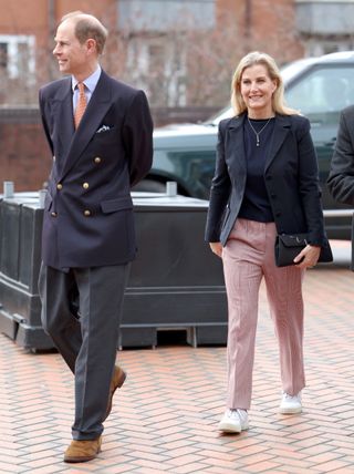 rince Edward, Duke of Edinburgh and Sophie, Duchess of Edinburgh smile as they arrive at the All England Open Badminton Championships on March 14, 2024 in Birmingham, England.