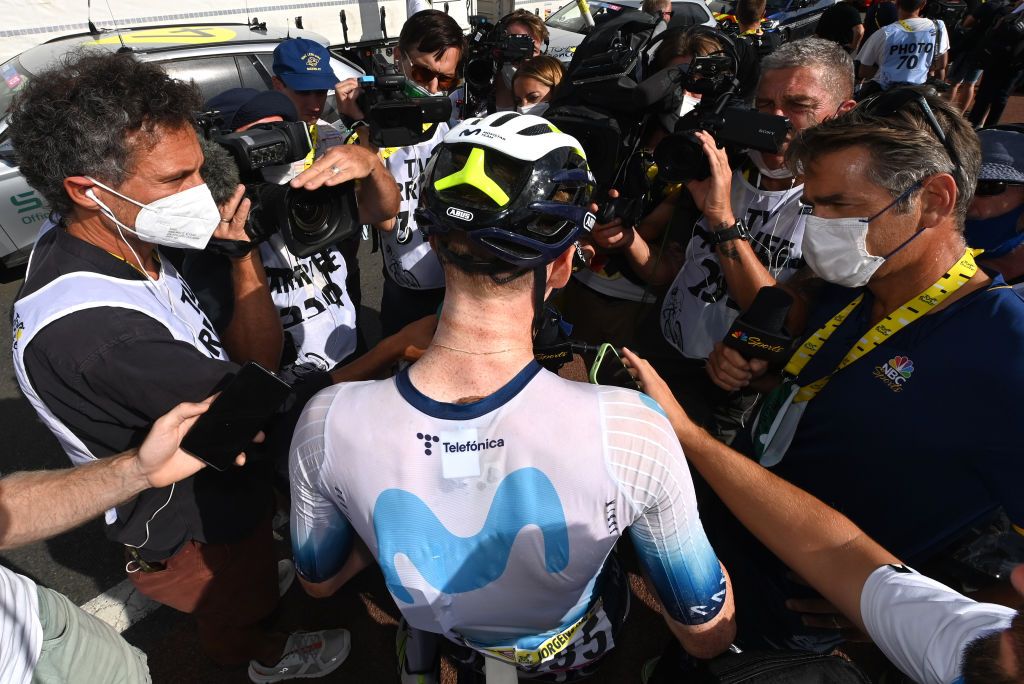 BELLEVILLEENBEAUJOLAIS FRANCE JULY 13 Matteo Jorgenson of The United States and Movistar Team meets the media press after the stage twelve of the 110th Tour de France 2023 a 1688km stage from Roanne to Belleville en Beaujolais UCIWT on July 13 2023 in Belleville en Beaujolais France Photo by Tim de WaeleGetty Images