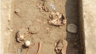 A bird's-eye view of the excavation site with pottery shards.