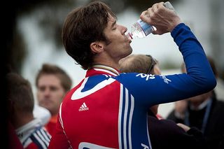 Ah, I needed that: David Millar from Great Britain takes a well earned drink after his silver medal ride in Geelong.