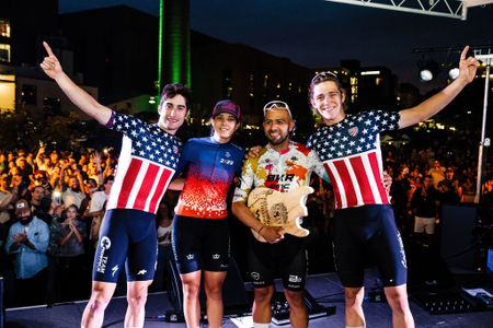 Men's USA CRITS overall top 3 riders joined on podium in Winston-Salem by women's overall champion Aylena Quevedo