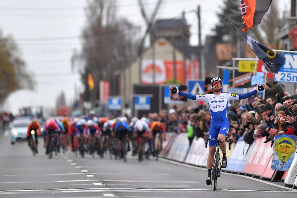 KUURNE BELGIUM MARCH 01 Arrival Kasper Asgreen of Denmark and Team DeceuninckQuickstep Celebration during the 72nd KuurneBrusselKuurne 2020 a 201km race from Kuurne to Kuurne KBK20 KuurneBxlKuurne KBK on March 01 2020 in Kuurne Belgium Photo by Tim de WaeleGetty Images