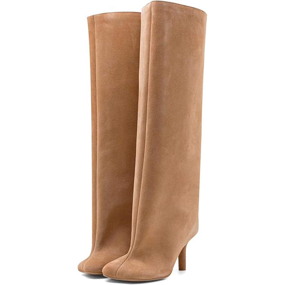 VOZTOLLS, Voztolls Women&#039;s Knee High Boots Suede Wide Calf Stiletto Tall Booties Square Toe Pull on High Heel Riding Long Boots for Women Ladies Fahion Dress Boots Nude Size 8