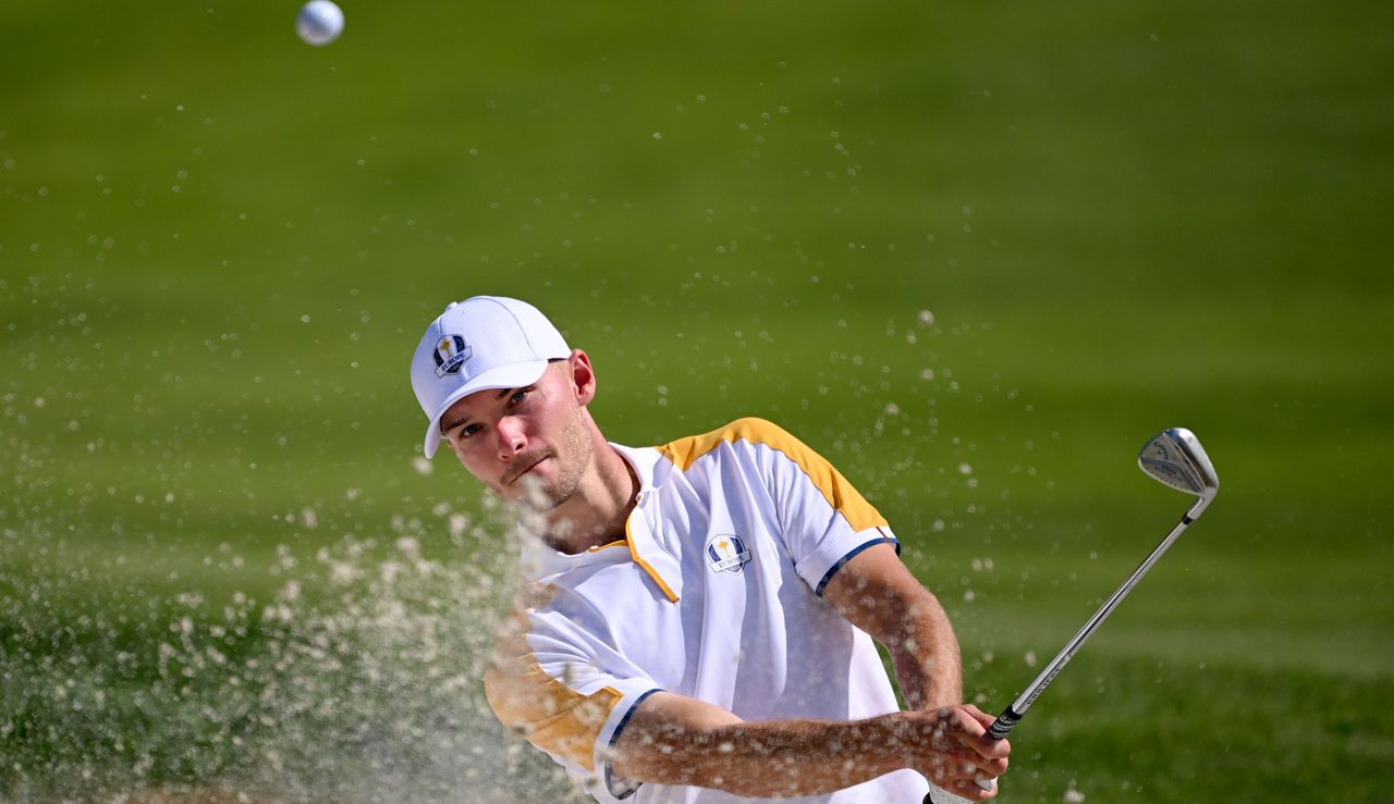 Nicolai Hojgaard hits a bunker shot