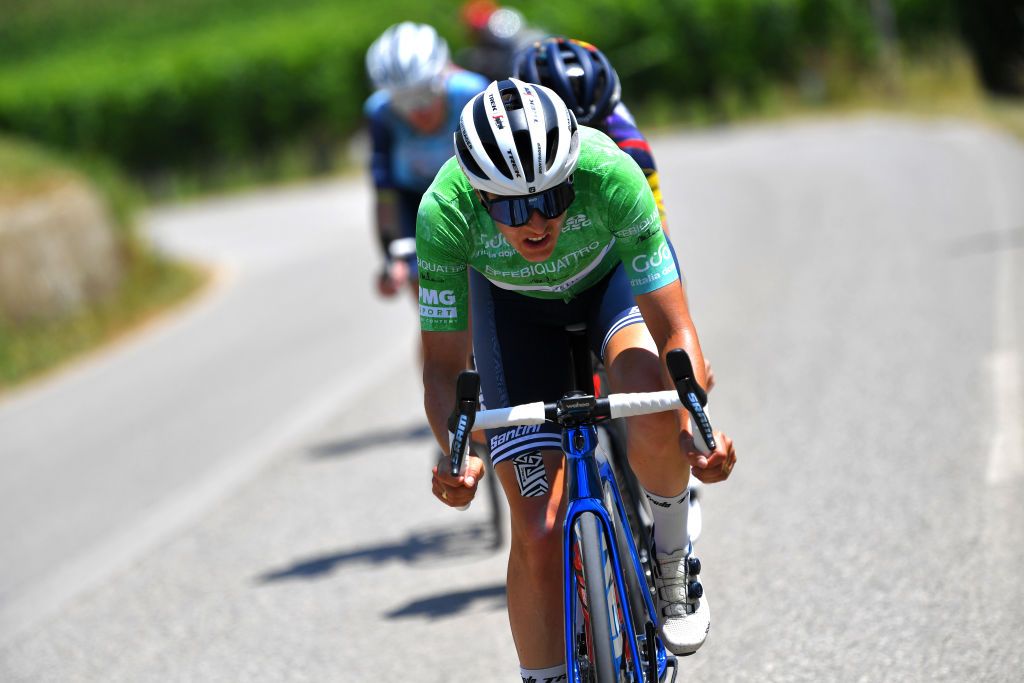 CORMONS ITALY JULY 11 Lucinda Brand of Netherlands and Team Trek Segafredo Green Mountain Jersey in breakaway during the 32nd Giro dItalia Internazionale Femminile 2021 Stage 10 a 113km stage from Capriva del Friuli to Cormons GiroDonne UCIWWT on July 11 2021 in Cormons Italy Photo by Luc ClaessenGetty Images
