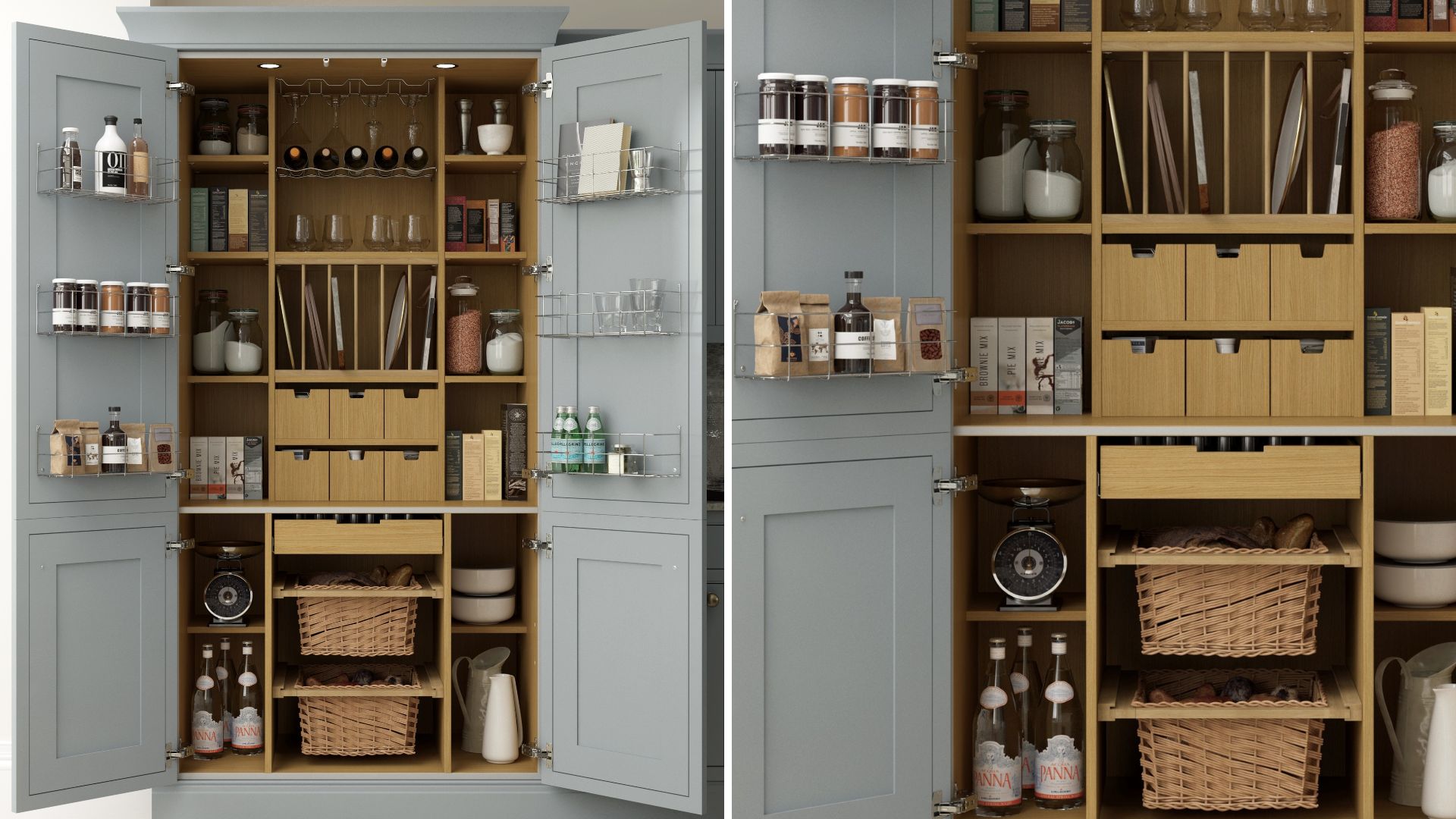 Inside a well-organized kitchen pantry with multiple zones for all storage
