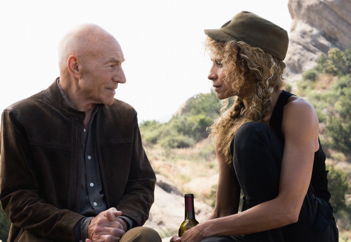Michelle Hurd as Raffi; Patrick Stewart as Picard