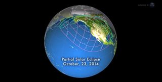 This NASA graphic shows the path of the partial solar eclipse of Oct. 23, 2014, as well as the region of visibility across North America and the Pacific Ocean.