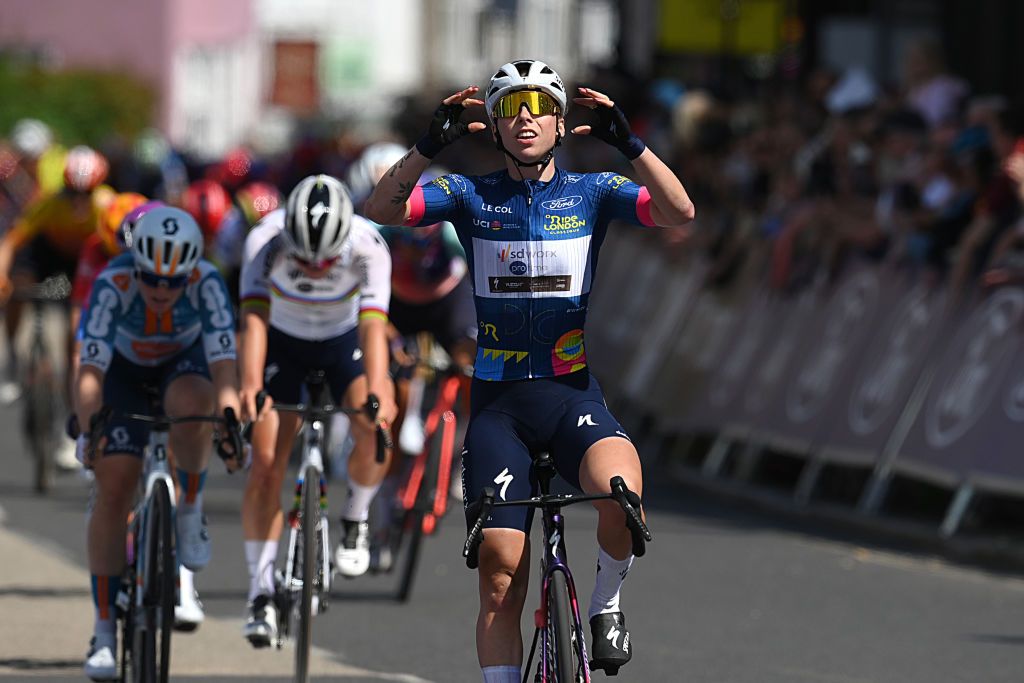 MALDON ENGLAND MAY 25 EDITORS NOTE Alternate crop Lorena Wiebes of The Netherlands and Team SD WorxProtime Blue Leader Jersey celebrates at finish line as stage winner during the 10th Ford RideLondon Classique 2024 Stage 2 a 1426km stage from Saffron Maldon to Maldon UCIWWT on May 25 2024 in Maldon England Photo by Alex BroadwayGetty Images