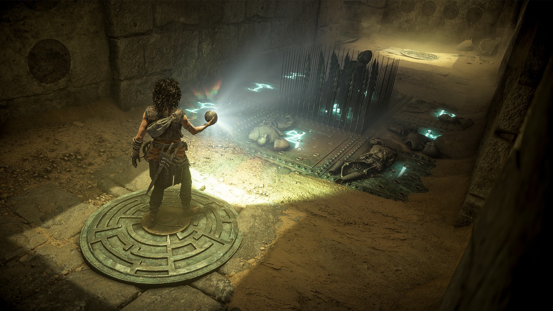 Sophia uses the Prism to light up glyphs on a series of spike traps in Resonance: A Plague Tale Legacy