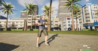 Guy on beach holding a rifle with city in the background